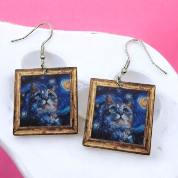 Cat Van Gogh Starry Night Famous Painting Earrings Dangle Pierced Ears Jewelry - Picture 4 of 6